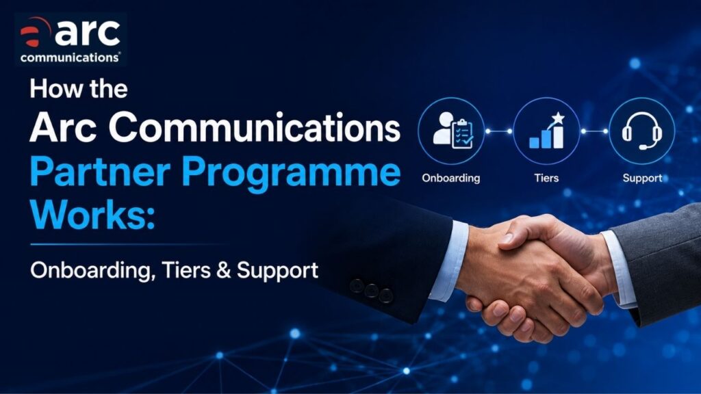 Arc Communications Partner Programme showing the three stages of onboarding, partner tiers, and ongoing support.