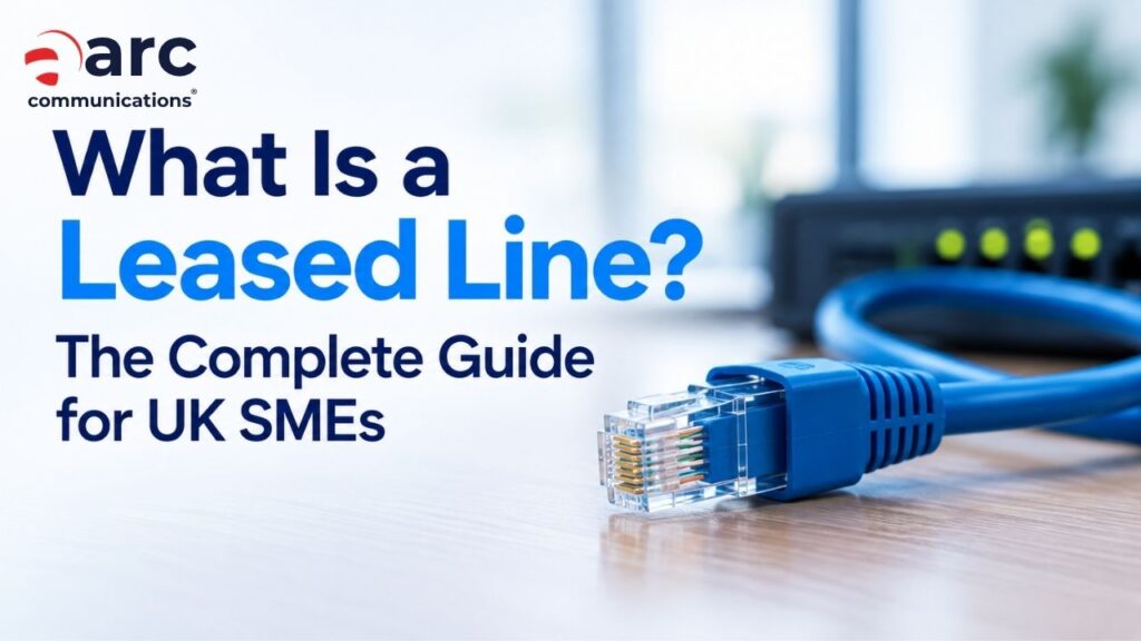 Blue Ethernet cable and connector representing a leased line, with the title “What Is a Leased Line? The Complete Guide for UK SMEs.