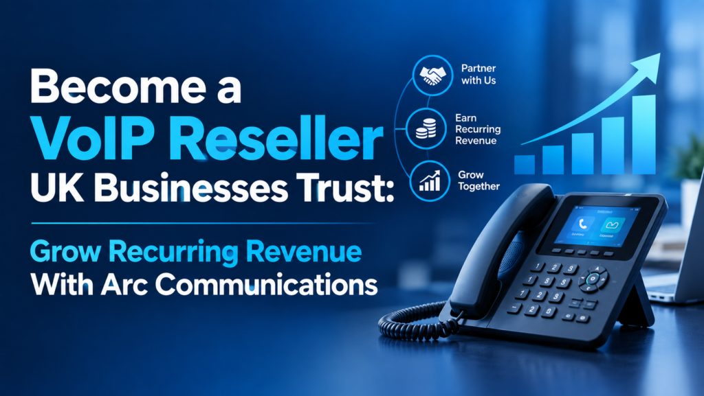 VoIP reseller partnership with Arc Communications, featuring a business phone and an upward growth chart representing recurring revenue.