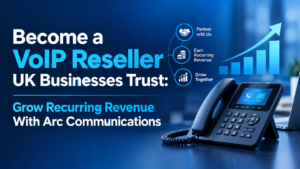 VoIP reseller partnership with Arc Communications, featuring a business phone and an upward growth chart representing recurring revenue.