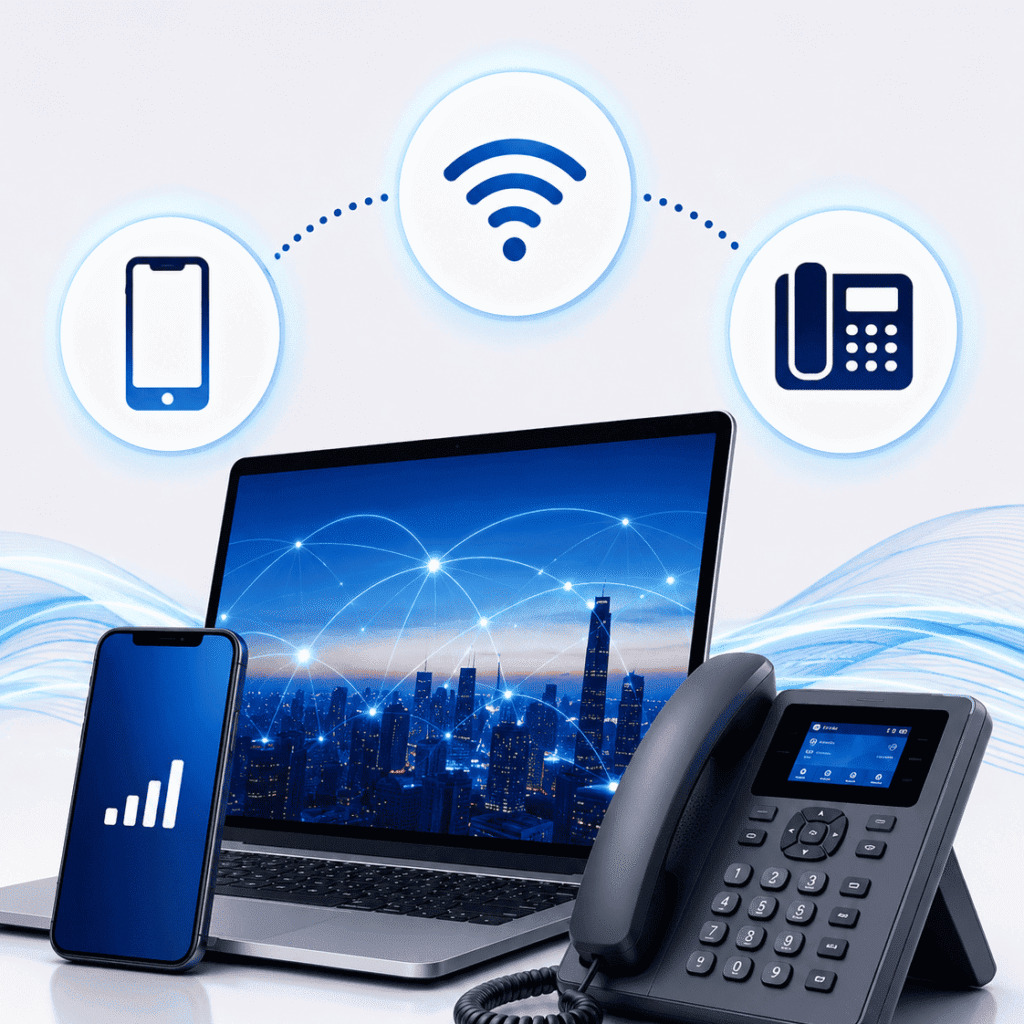 Business connectivity illustration featuring a laptop, mobile phone, desk phone and Wi-Fi symbol