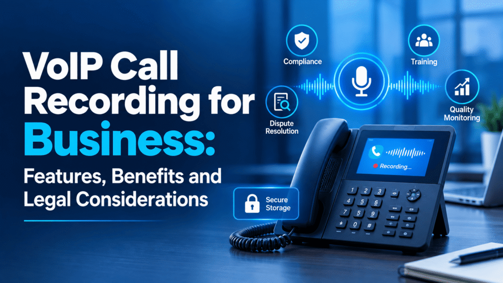 VoIP call recording for business, featuring a recorded phone call, audio waveform, secure storage, compliance, training, and quality monitoring.