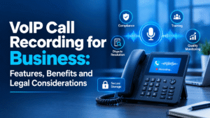 VoIP call recording for business, featuring a recorded phone call, audio waveform, secure storage, compliance, training, and quality monitoring.