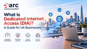 Arc Communications banner explaining Dedicated Internet Access (DIA) for UK businesses, highlighting consistent high speeds, enhanced security, reliability and business connectivity against the London skyline