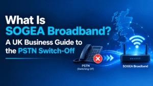 SOGEA broadband router replacing a traditional PSTN landline phone, illustrating the UK PSTN switch-off and transition to modern business broadband.